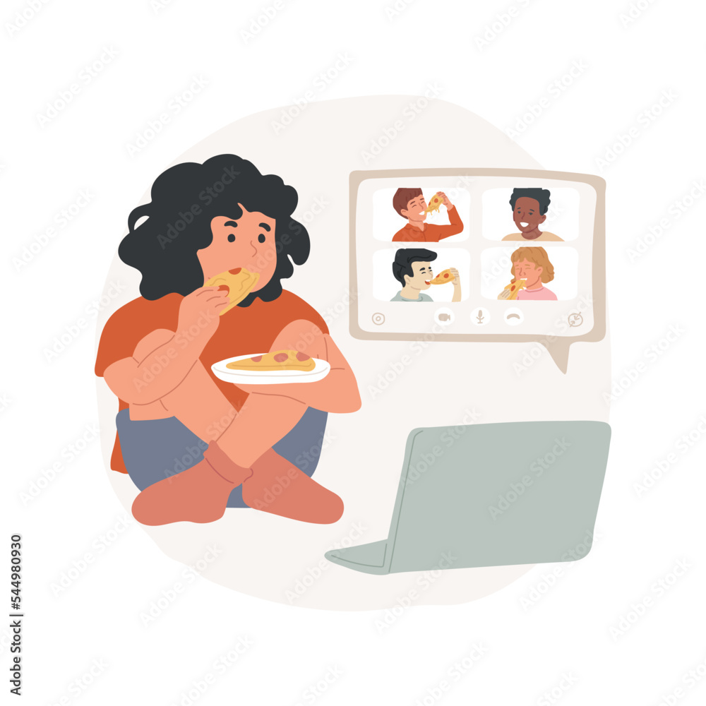 Virtual pizza party isolated cartoon vector illustration. Child eating pizza and talking to friends on video, virtual meet up for students and staff, leisure time, school program vector cartoon. Virtual pizza party isolated cartoon vector illustration. Child eating pizza and talking to friends on video, virtual meet up for students and staff, leisure time, school program vector cartoon.