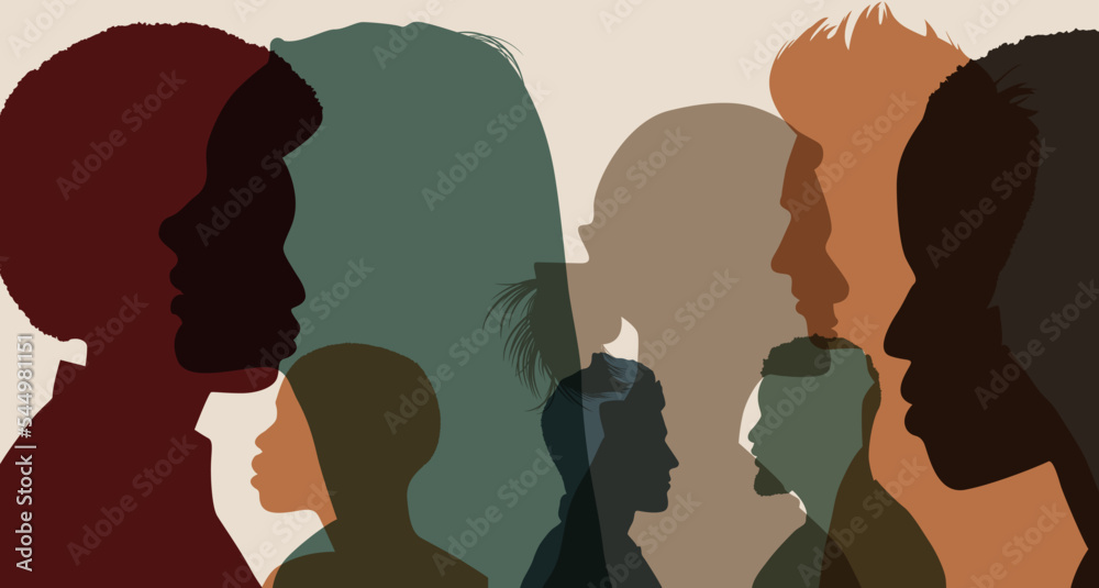 Heads faces colored silhouettes multicultural and multiethnic diversity male and female in profile