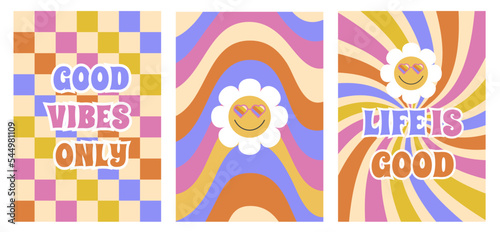 Psychedelic colorful poster collection. Colorful vector illustration in vintage style. 70s 60s poster or card, t-shirt print. Retro slogan on a chessboard. Happy smiling chamomiles. Fun hippy texture.