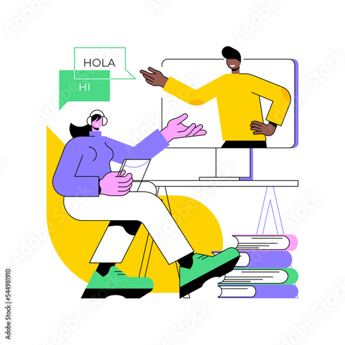Native speaker isolated cartoon vector illustrations. Girl having video conference with native speaker, foreign language learning, multicultural online meeting, virtual education vector cartoon.