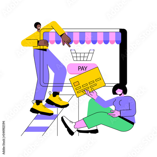 Paying order isolated cartoon vector illustrations. Young couple paying for online grocery shopping with tablet, buying food via internet, modern product delivery process vector cartoon.