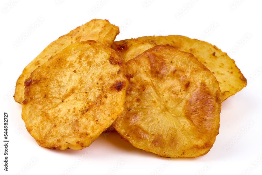 Fried Potato slices, isolated on white background. High resolution image. Fried Potato slices, isolated on white background. High resolution image.