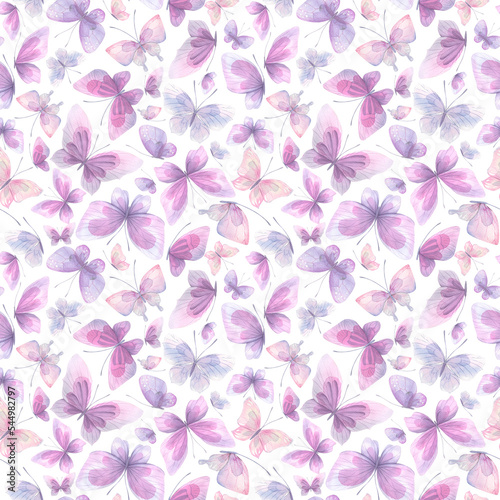 Delicate lilac butterflies on a white background, seamless pattern. Watercolor illustration. For fabric,textiles, wallpaper, wrapping paper, wrappers, covers, prints, clothing souvenirs accessories