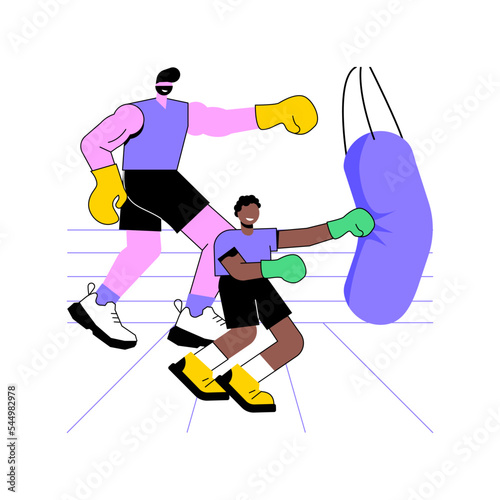 Boxing instructor isolated cartoon vector illustrations. Kickboxing instructor training kids in the gym, teaching boys to hit punching bag, healthy lifestyle, physical activity vector cartoon.