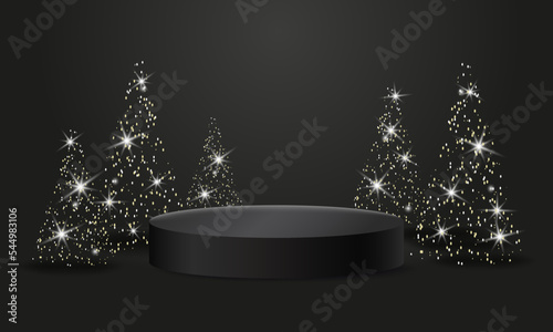 Black podium for Christmas display on black background. Realistic black pedestal with glitter