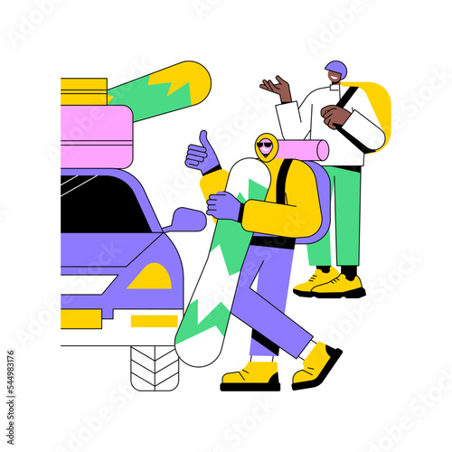 Snowboarding trip isolated cartoon vector illustrations. Group of friends prepare for snowboarding, winter vacations, special equipment, extreme sport, fun in the mountains trip vector cartoon.