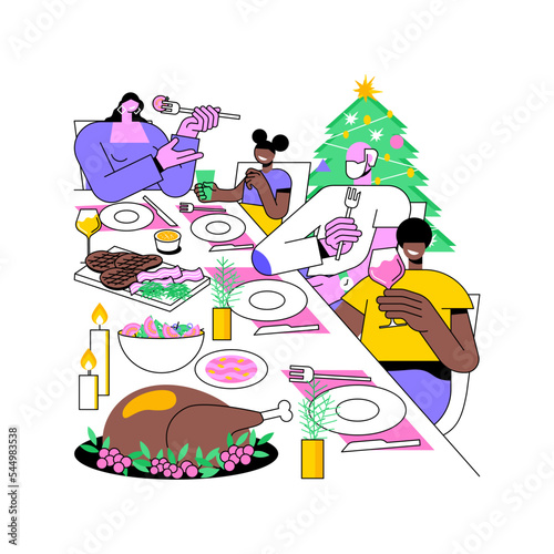Christmas dinner isolated cartoon vector illustrations. Group of people celebrating Christmas together, lot of traditional food on the table, drink champagne, friends having fun vector cartoon.