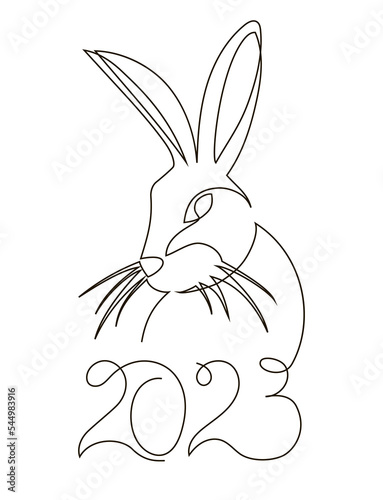 Hare with the number 2023 in a continuous line style. Animal. Symbol 2023. Stock vector illustration, isolated on white background