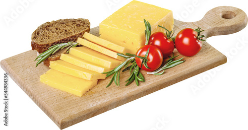 Yellow Cheese, Tomatoes and Bread on the Cutting Board - Isolated