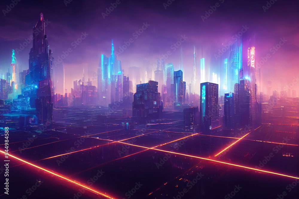 Cyberpunk city with skyscrapers, futuristic cyberpunk cityscape in the background, sci-fi, future city, neon signs, night city, glowing neon lights, metropolis, digital painting, dramatic light