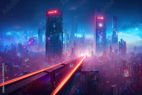 Cyberpunk city with skyscrapers  futuristic cyberpunk cityscape in the background  sci-fi  future city  neon signs  night city  glowing neon lights  metropolis  digital painting  dramatic light