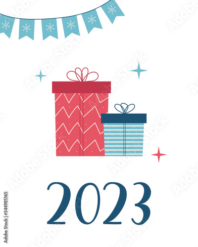 Winter hugge xmas background with gifts, trees, christmas hugge elements, editable vector illustration for christmas invitation, postcard and website banner, greeting cards with xmas decoration
