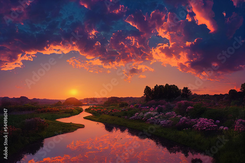 river in a garden, sunset, clouds, fantasy world, fantasy landscape, nature, art illustration