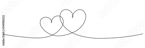 Two hearts continuous line art drawing. Double heart wavy line. Vector illustration isolated on white.