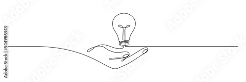 Lightbulb on hand one continuous line drawing. Electric lamp. Brainstorm linear symbol. Vector isolated on white.