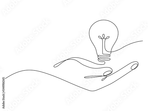 Lightbulb on hand one continuous line drawing. Electric lamp. Brainstorm linear symbol. Vector isolated on white.