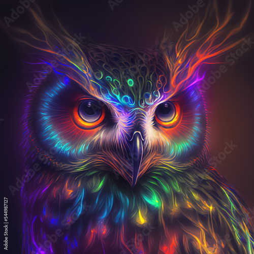 Bright neon portrait of an owl in a hand-drawn style.