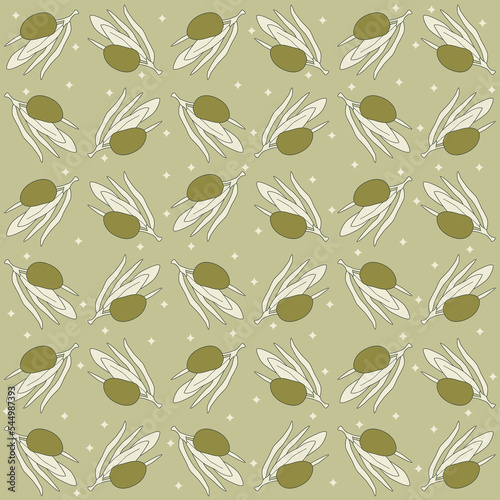 Simple seamless pattern of olives branches. Vector flat illustration. Design for fabric, wallpaper, textile, package, print and web design