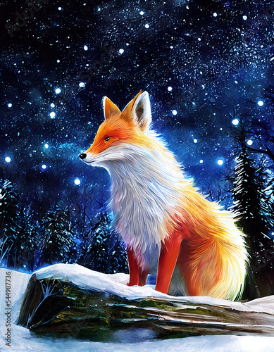 Red fox in the night, snowy forest, winter, Christmas, greeting card, cartoon, illustration, digital photo
