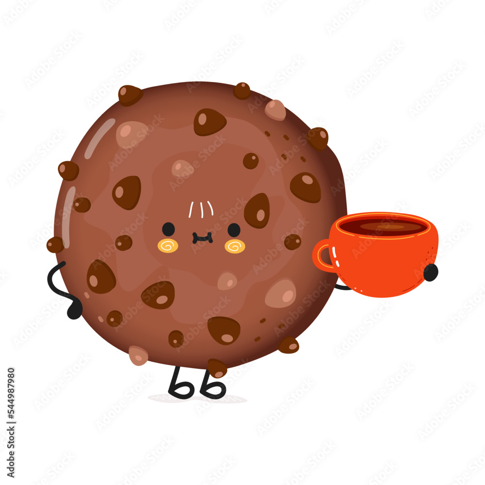 Cute chocolate cookies with cup of tea. Vector hand drawn doodle style cartoon character illustration icon design. Card with cute happy chocolate cookies Cute chocolate cookies with cup of tea. Vector hand drawn doodle style cartoon character illustration icon design. Card with cute happy chocolate cookies