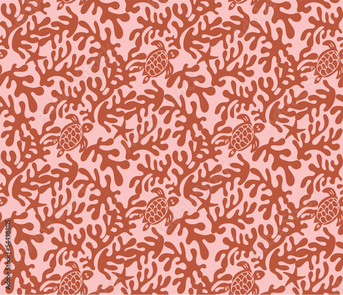 Abstract Hand Drawn Corals Sea Turtles Exotic Minimal Ocean Swimwear Seamless Pattern Perfect for Allover Fabric Print Monochrome Stylish Elegant Design