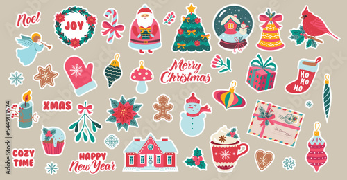 Christmas stickers collection. Vector illustration. Retro style