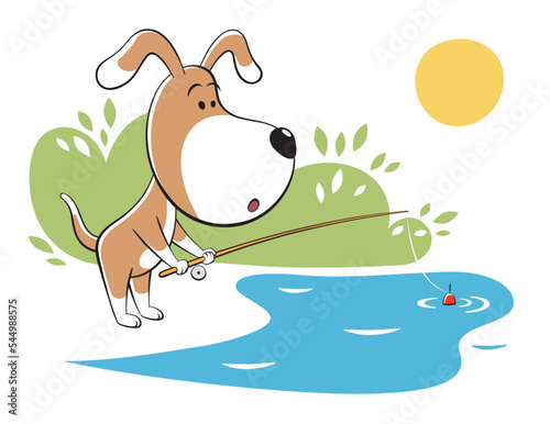 Cartoon vector illustration of cute funny Dog Puppy holds fishing rod and waiting for the fish. Blue water, green grass, bright sun.