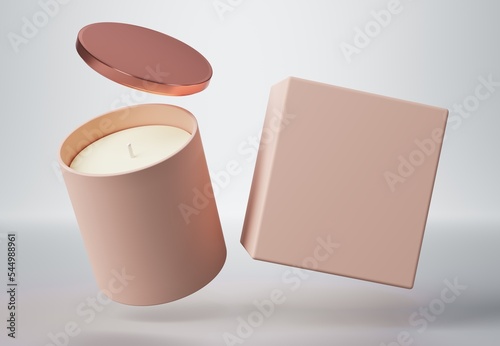 Ceramic glass jar candle with rose gold lid and box 3D render mockup