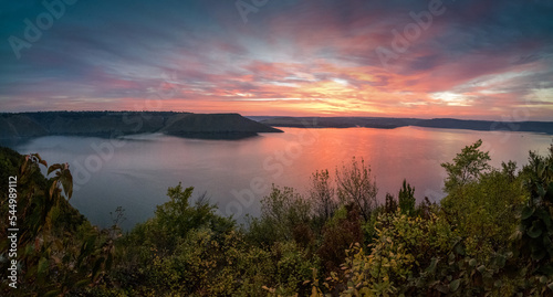 Bakota Canyon of the Dniester River, a violet sunset with picturesque sky and...