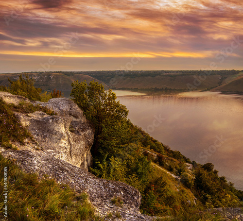 A beautiful evening sky view of the Bakota canyon of the river Dniester River...
