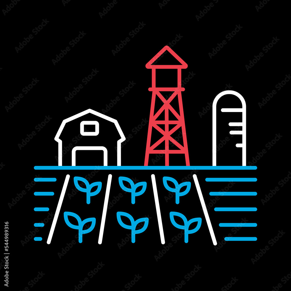 Farm landscape with barn, seedling and windpump Farm landscape with barn, seedling and windpump