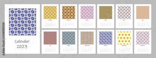 Calendar 2023 year template. Vertical design with geometric print. Editable illustration page template A4, A3, set of 12 months with cover. Vector mesh. Week starts on Monday.