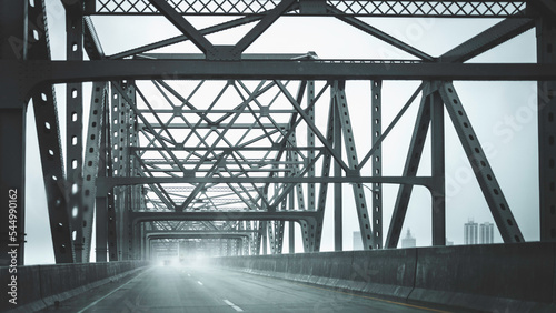 The Murray Baker Bridge in a rain storm on Interstate 74 and Illinois Route 29 over the Illinois River in Peoria, central Illinois