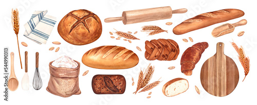 Slika na platnu Watercolor set kitchen tools and bread