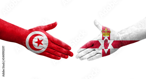 Handshake between Northern Ireland and Tunisia flags painted on hands, isolated transparent image. photo
