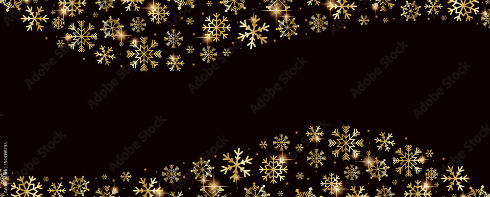 Merry Christmas and Happy New Year greeting card design with golden stars and snowflakes decorated on Christmas background for banner, poster or cards. Beautiful Christmas background.
