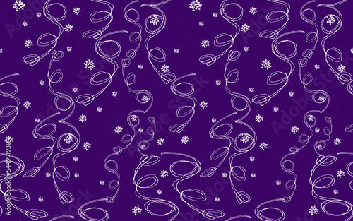 Christmas holiday seamless pattern with outline serpentine ribbons on dark violet, Greeting card, gift packaging., wrapping paper. Naive baby scrabble style collection for happy new year. 