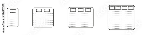 Mattress and Bed Size Dimension Line Icon Set. Bed Length Measurement Linear Pictogram. Mattress Size for Bedchamber in Hotel, Home Outline Icon. Editable Stroke. Isolated Vector Illustration