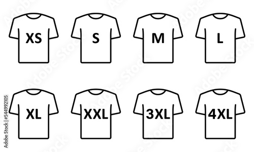 T-shirt Size Icon Set. Clothing Size Label or Tag Pictogram. Man or woman Shirt. Size From XS to 4XL. Vector Isolated Illustration