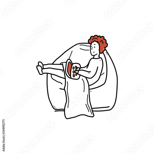 Hand drawn curly boy sitting in chair with laptop doodle style, vector illustration isolated on white background. Working at home, relaxing character, comfort (ID: 544992771)