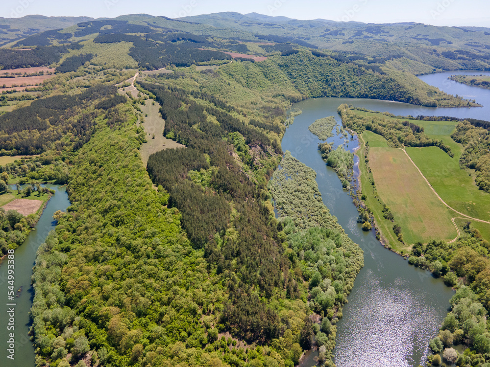 Aerial spring view of Topolnitsa Reservoir, Bulgaria