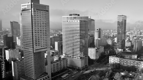 Aerial cityscape of city from viewing terrace Black and white