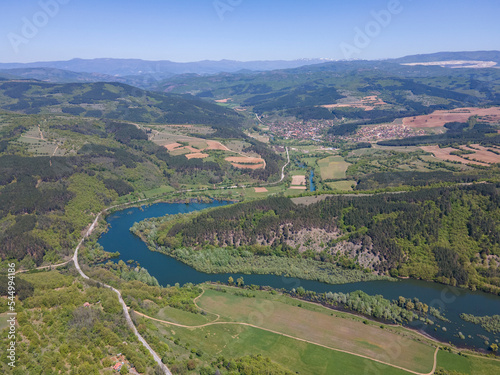 Aerial spring view of Topolnitsa Reservoir, Bulgaria