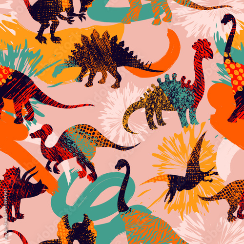 Fototapeta Naklejka Na Ścianę i Meble -  Seamless vector pattern of funny dinosaurs. Grunge childish background for textiles, fabrics. Texture with animals of the Jurassic period. Funny dino silhouettes. Wallpaper from prehistoric lizards.