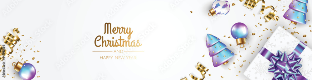 Merry Christmas sale banner template with realistic 3d objects, gift box, blue and white balls. Greeting card, banner, poster, header for website