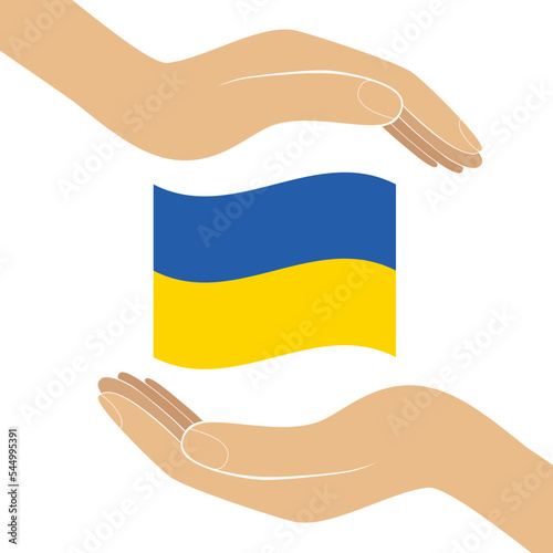 Support for Ukraine. Embrace icon, arms hugging in colors of Ukraine , War in Ukraine, attack from Russia. Papercut, hands hug flag vector logo template. Care, love and charity symbol, hand papercut