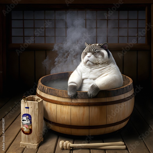Fat lazy japanese cat takes hot bath in Japanese Wooden bath tub. Spa for cats. Wellness for pets. Relax and chill. Holiday resort or sanatorium for cats photo