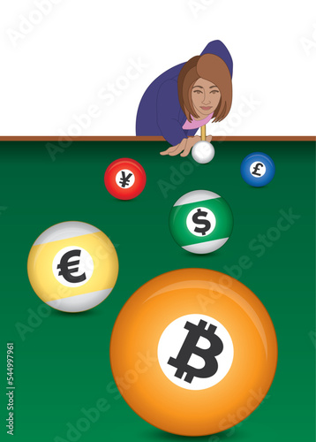 businesswoman aims to shoot billiard balls with different currency symbols on billiard table isolated on a white background