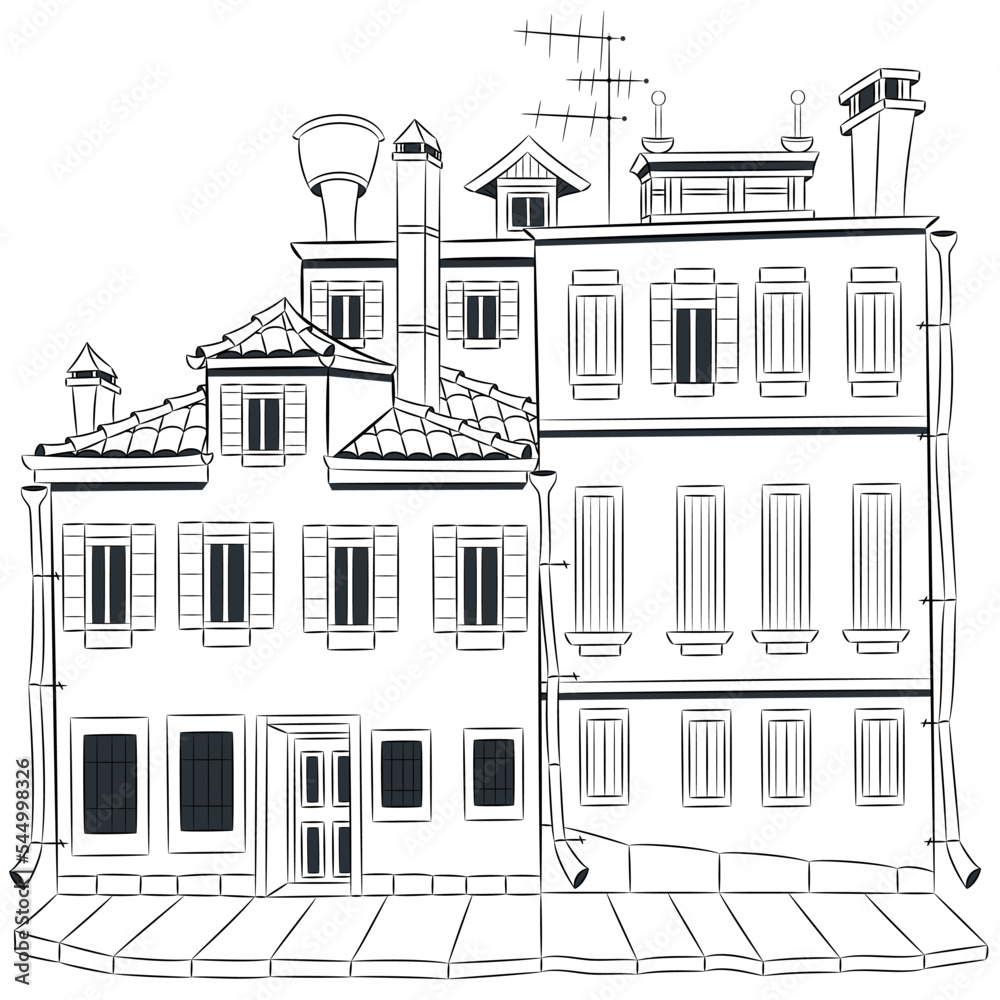 Black and white drawing of Venetian houses on a white background.