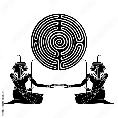 Two ancient Egyptian gods or pharaohs holding a round spiral maze or labyrinth symbol. Nile god Hapi. Creative concept. Mystery of knowledge. Black and white silhouette.